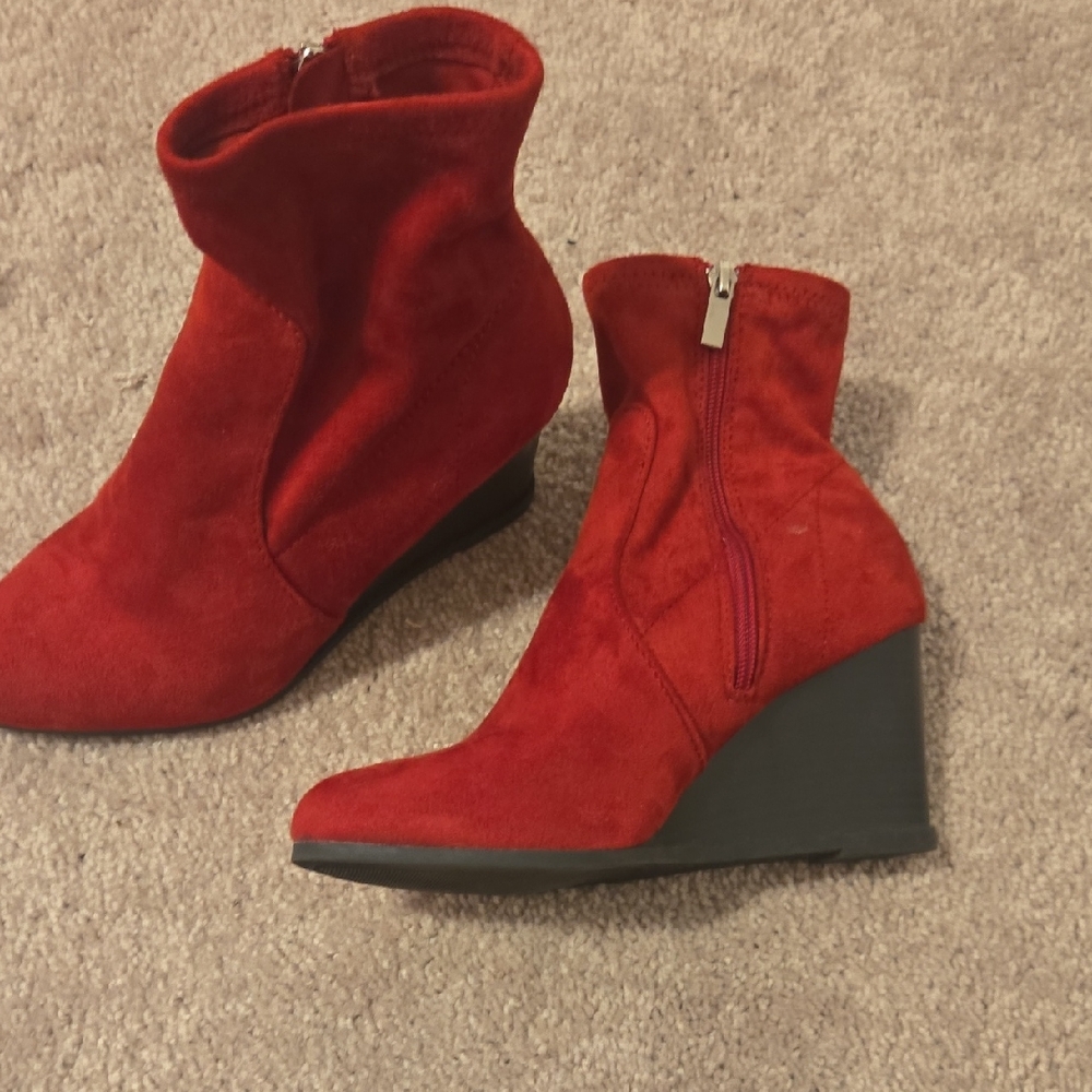Red Suede Wedge Ankle Boots